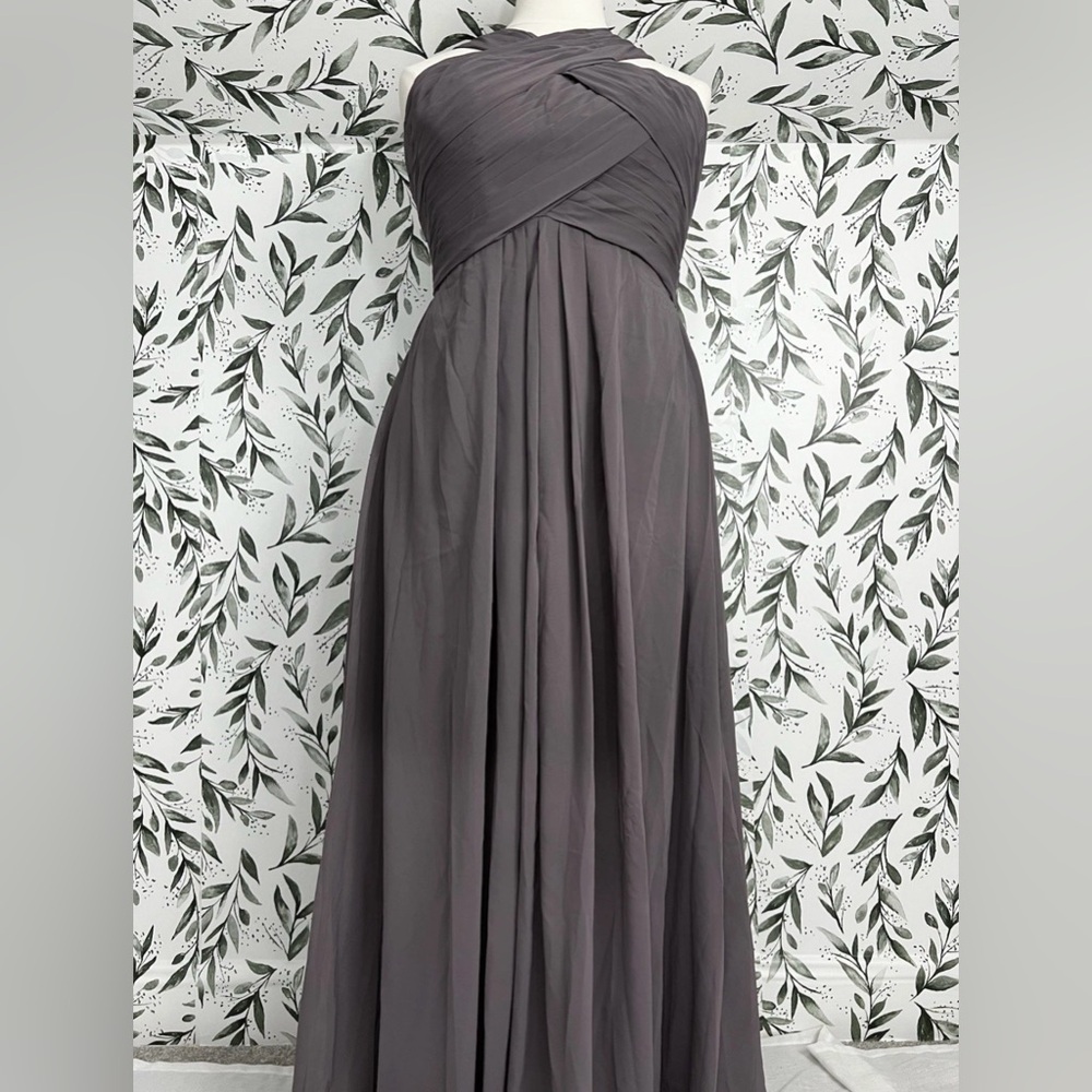 Grey A-Line Pleated Chiffon Prom Bridesmaid Formal Wedding Size L 12 Gown #2 New - Picture 2 of 16